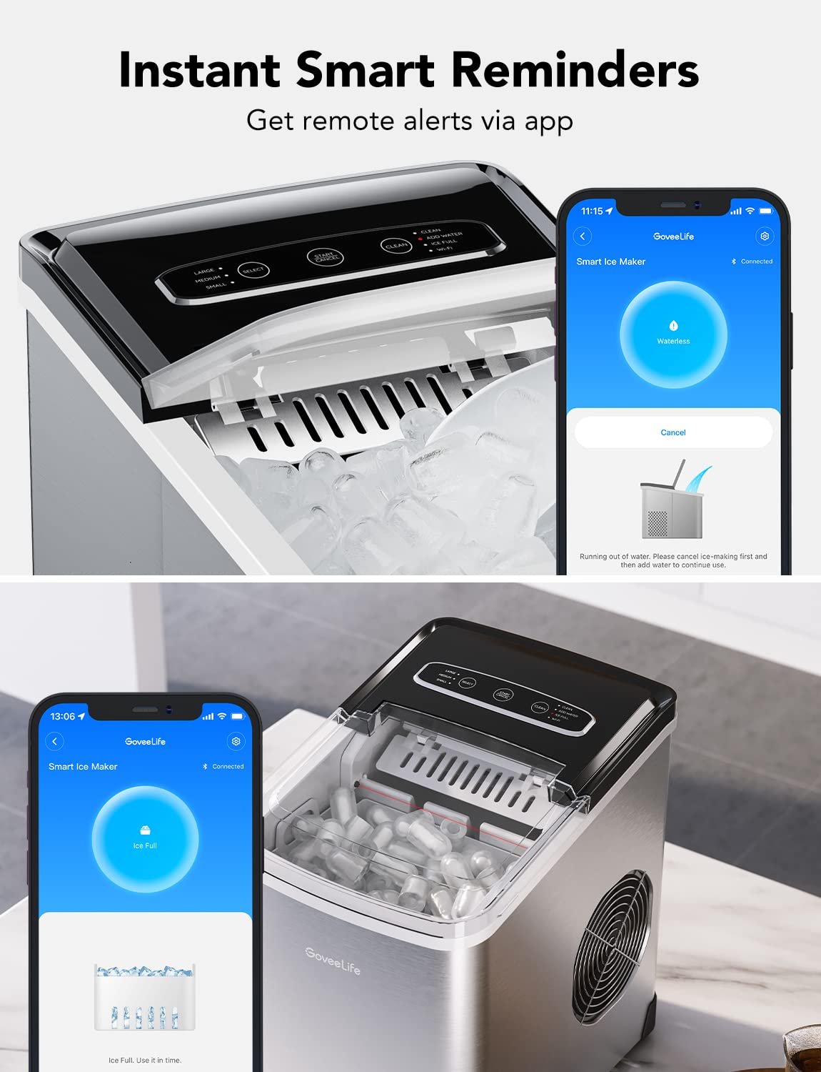 GoveeLife Smart Countertop Ice Makers with Wi-Fi, 9 Ice in 6-8min, 26lbs in 24 Hours, Portable Ice Machine, 2L Water Tank, for Home Kitchen Party Camping, with Ice Scoop and Basket, Stainless Silver