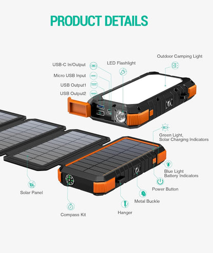 BLAVOR Solar Charger Five Panels Detachable, Qi Wireless Charger 20000mAh Portable Power Bank with Dual Output Type C Input Flashlight and Compass Kit
