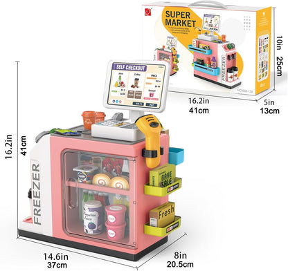 Cash Register Playset for Kids-46PCS with Scanner, Play Food and Money, Mini Supermarket Grocery Play Store Pretend Cashier, Coffee Machine, Pretend Play Toy Gift for Toddlers Boys Girls Ages 3 4 5 6