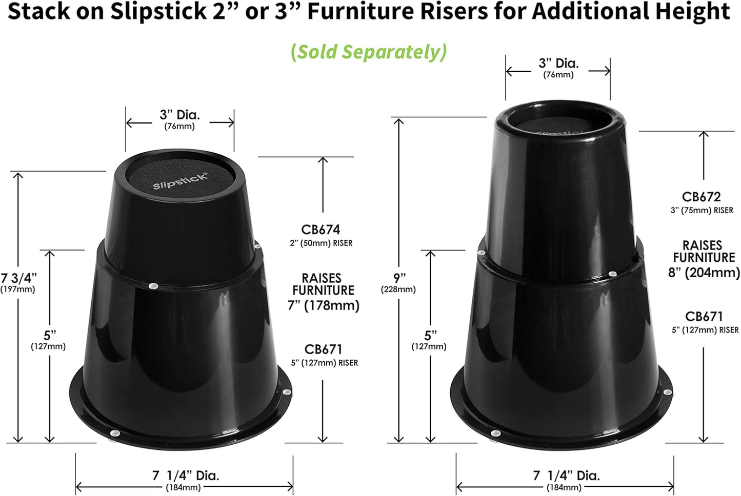 Slipstick CB671 5 Inch Bed Risers/Furniture Raisers with Steel Reinforced Holder Top, Lifts Height 5" (4 Pack) Supports 2,640 Pounds, Round, Black, Stackable with CB674 & CB672