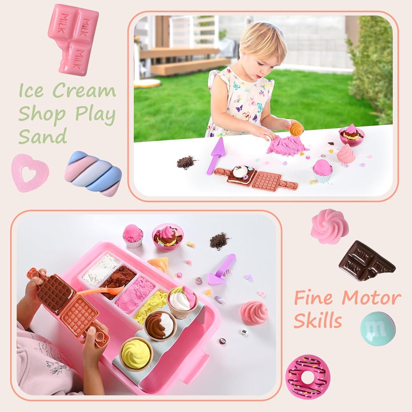 Ice Cream Toys Play Sand for Kids - Sensory Bin, 34pcs Ice Cream Shop Playset Sand Box 2LBS Moon Sand,Fine Motor Skills Activities Kids Sensory Toys for Girls 3 4 5 6 7 8 Year and Up
