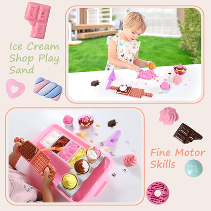Ice Cream Toys Play Sand for Kids - Sensory Bin, 34pcs Ice Cream Shop Playset Sand Box 2LBS Moon Sand,Fine Motor Skills Activities Kids Sensory Toys for Girls 3 4 5 6 7 8 Year and Up