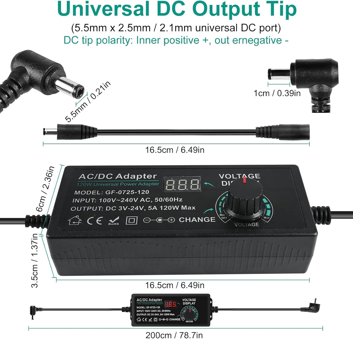 Comius Sharp Universal Power Supply, 3V-24V 5A 120W Adjustable Power Adapter, AC/DC 100V-240V Universal Adapter with 14 Tips and Polarity Converter, for Home Electronics