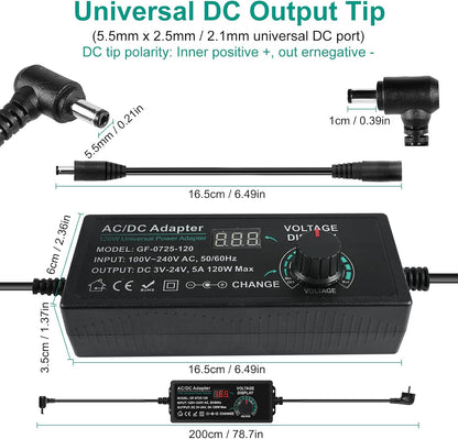 Comius Sharp Universal Power Supply, 3V-24V 5A 120W Adjustable Power Adapter, AC/DC 100V-240V Universal Adapter with 14 Tips and Polarity Converter, for Home Electronics