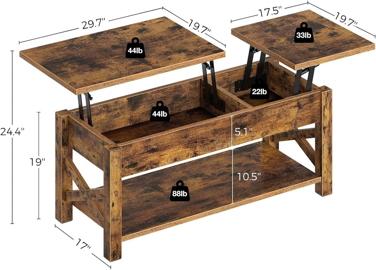 Rolanstar Coffee Table, 47.2" Lift Top Coffee Table with Hidden Compartment, 2 Way Lift Top Coffee Table with Open Shelf & X Wooded Support, Farmhouse Center Table for Living Room, Rustic Brown