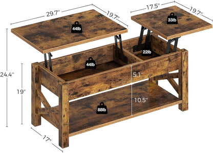 Rolanstar Coffee Table, 47.2" Lift Top Coffee Table with Hidden Compartment, 2 Way Lift Top Coffee Table with Open Shelf & X Wooded Support, Farmhouse Center Table for Living Room, Rustic Brown