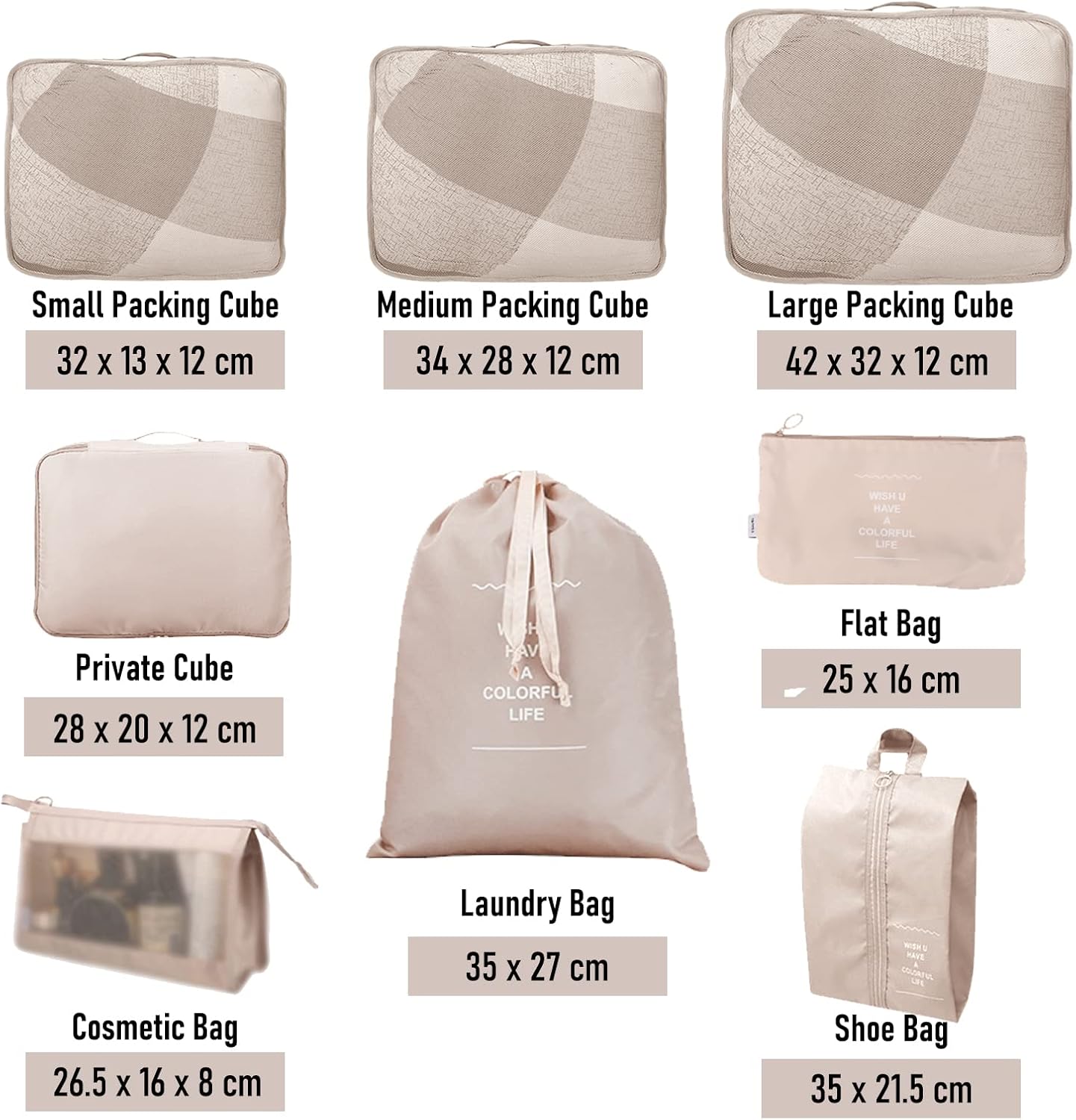 Neween 8 Set Packing Cubes for Suitcases, Travel Luggage Organizer with Shoe Bag, Toiletry Bag & Laundry Bag, Compression Packing Cubes Set Travel Accessories Clothes Storage Bag (Beige)