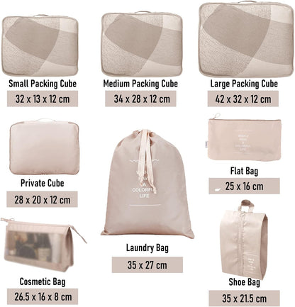 Neween 8 Set Packing Cubes for Suitcases, Travel Luggage Organizer with Shoe Bag, Toiletry Bag & Laundry Bag, Compression Packing Cubes Set Travel Accessories Clothes Storage Bag (Beige)