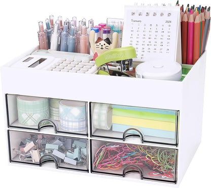 Meiikun Desk Organizer and Accessories, Plastic Stationery Storage Box with 4 Drawers, 3 Compartments & a Top Tray, Bathroom Organizers Makeup Brush Holder for Women, 21 cm x 14.2 cm x 12.2 cm (White)