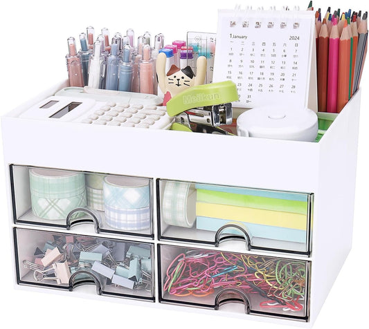 Meiikun Desk Organizer and Accessories, Plastic Stationery Storage Box with 4 Drawers, 3 Compartments & a Top Tray, Bathroom Organizers Makeup Brush Holder for Women, 21 cm x 14.2 cm x 12.2 cm (White)
