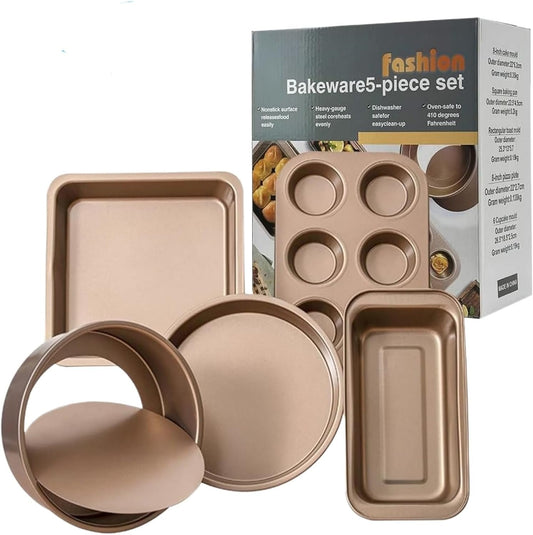 Baking Pans Nonstick Set, Bakeware Sets with Round Square Cake Pan, Muffin Pan, Loaf Pan, Roast Pan, Baking Sheets for Oven, Kitchen Cookware Sets Baking Supplies 5-Piece, Gold