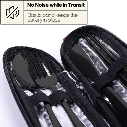 Travel Utensils with Case, Quatish Portable Utensil Set for Work, Stainless Steel Reusable Travel Cutlery Set, Spoon and Fork Set for Camping, Picnic, Gadgets, Men Lunch Box, Camping Essentials, Black