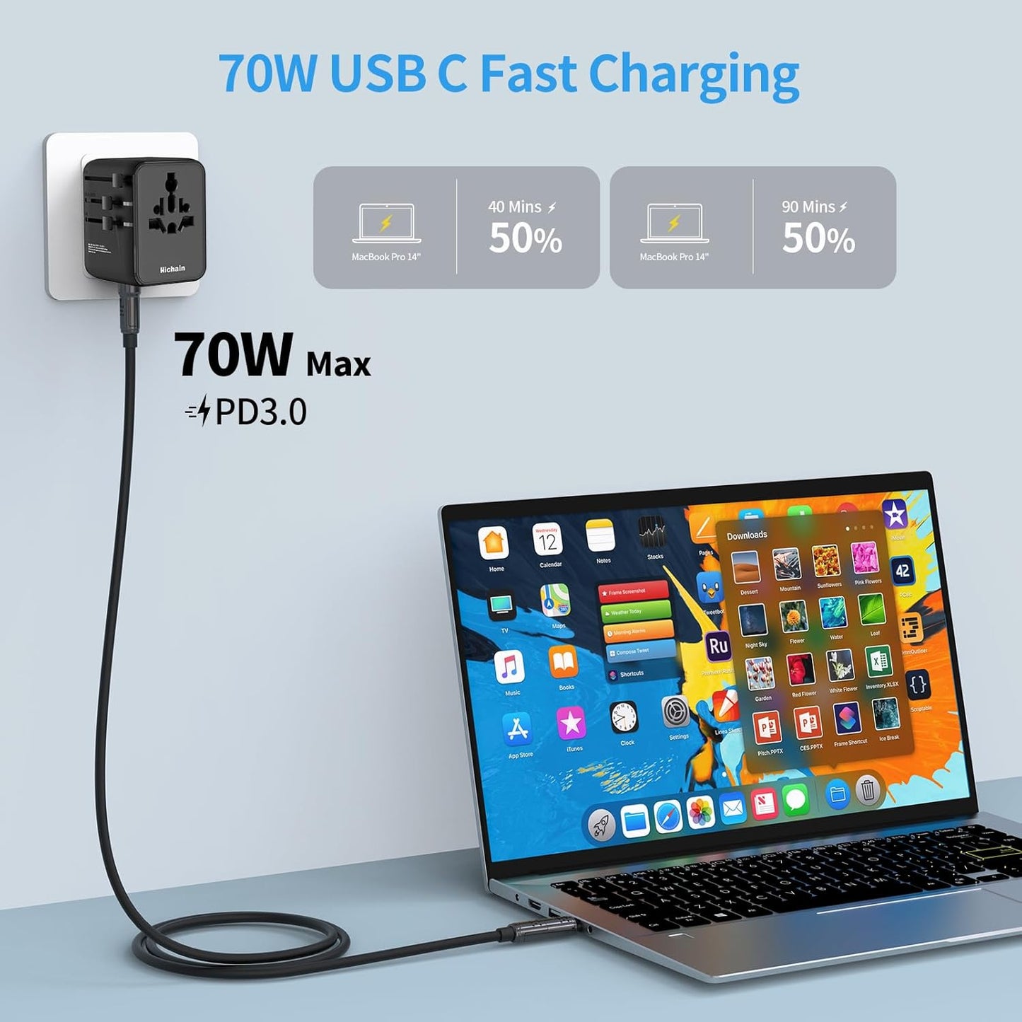 Hichain Universal Travel Adapter 70W PD Fast Charging Travel Adapter 2 USB-A Ports 2 USB-C Ports International Travel Plug All-in-one Wall Adapter for USA EU UK AUS
