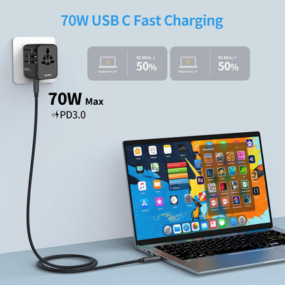Hichain Universal Travel Adapter 70W PD Fast Charging Travel Adapter 2 USB-A Ports 2 USB-C Ports International Travel Plug All-in-one Wall Adapter for USA EU UK AUS