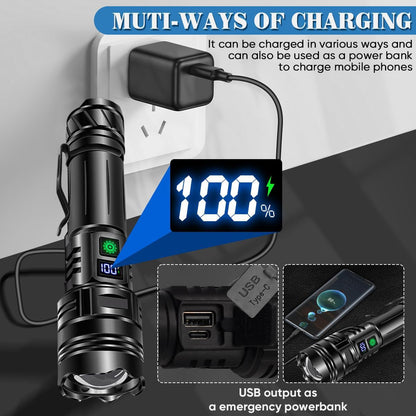 Anyuainiya LED Torch Rechargeable Flashlights High lumens, Super Bright 200000LM Flashlight with Digital Power Display and 5 Modes, Waterproof Zoomable LED Flashlight for Emergencies, Camping, Hiking