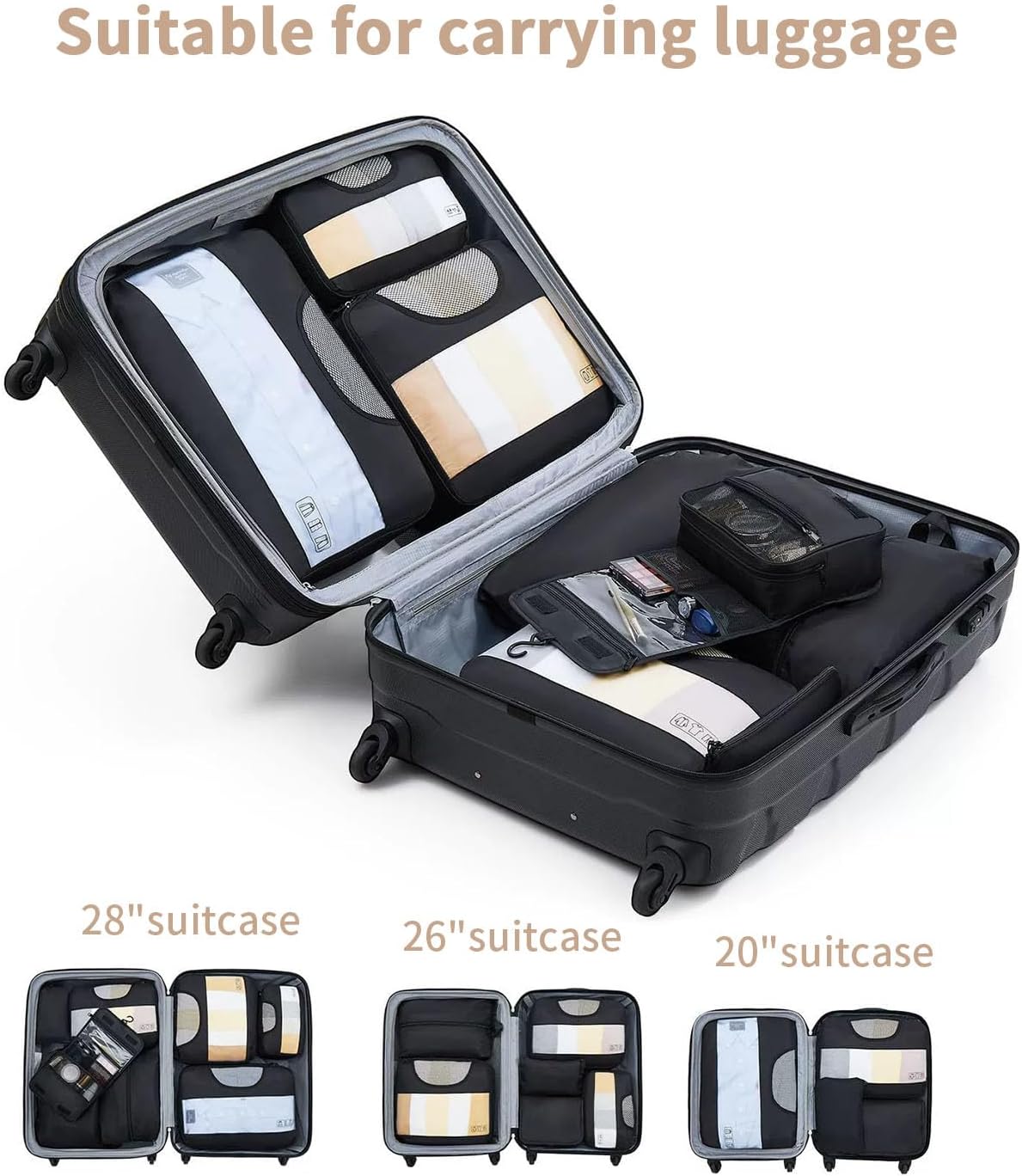 8 Pieces Space Saving Suitcase Organizer, Packing Cubes, Travel Travel Suitcase Organizer, Black