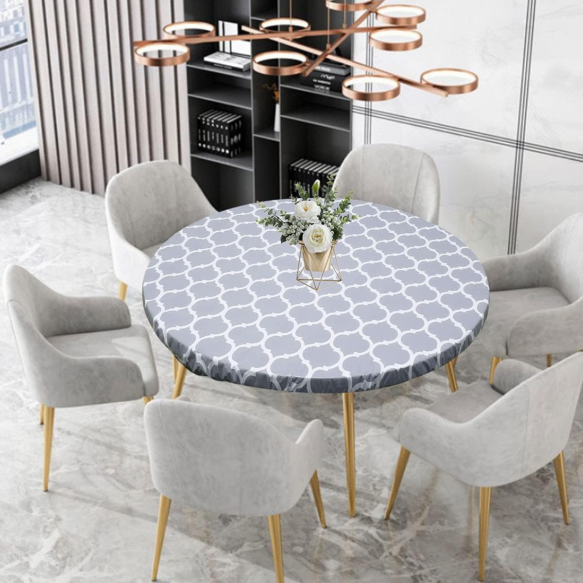 HSHGZSR Waterproof Round Tablecloth Elastic Edged Fitted Table Cover Wipeable Oil Proof Table Cloth for Kitchen Dining Room Tabletop (Grey, 43.3-55.1 Inch in Diameter)