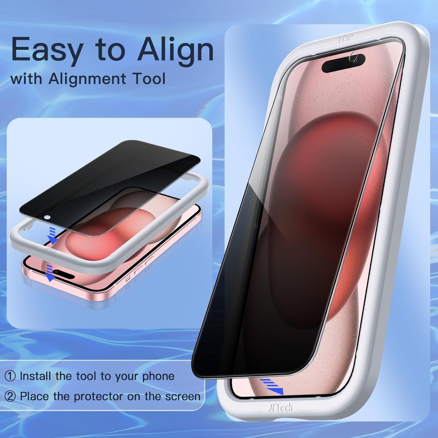 JETech Privacy Screen Protector for iPhone 15 6.1-Inch with Camera Lens Protector, Anti-Spy Tempered Glass Film, Easy Installation Tool, 2-Pack Each