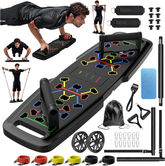 Push Up Board,Home Gym,Portable Exercise Equipment,Pilates Bar & 20 Fitness Accessories with Resistance Bands & Ab Roller Wheel,Full Body Workout at Home