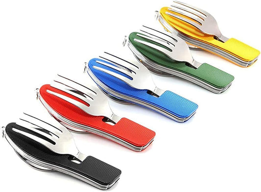 5Pcs Camping Utensils Cutlery Set - 4 in1 (Fork/Spoon/Knife/Bottle Opener) - Stainless Steel Folding & Detachable Backpacking Utensils for Hiking Survival Camping Travel
