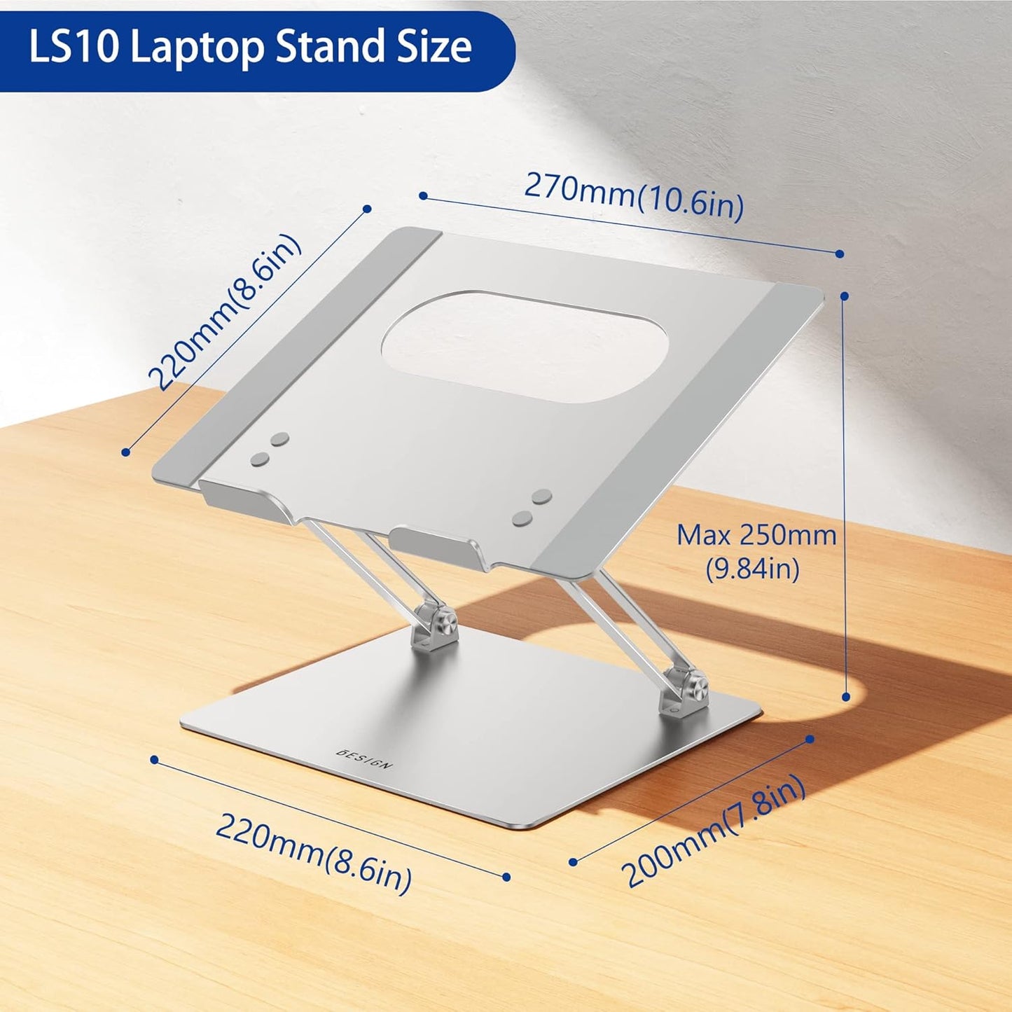 BESIGN LS10 Aluminum Laptop Stand, Ergonomic Adjustable Notebook Stand, Riser Holder Computer Stand Compatible with Air, Pro, Dell, HP, Lenovo More 10-14" Laptops, Silver