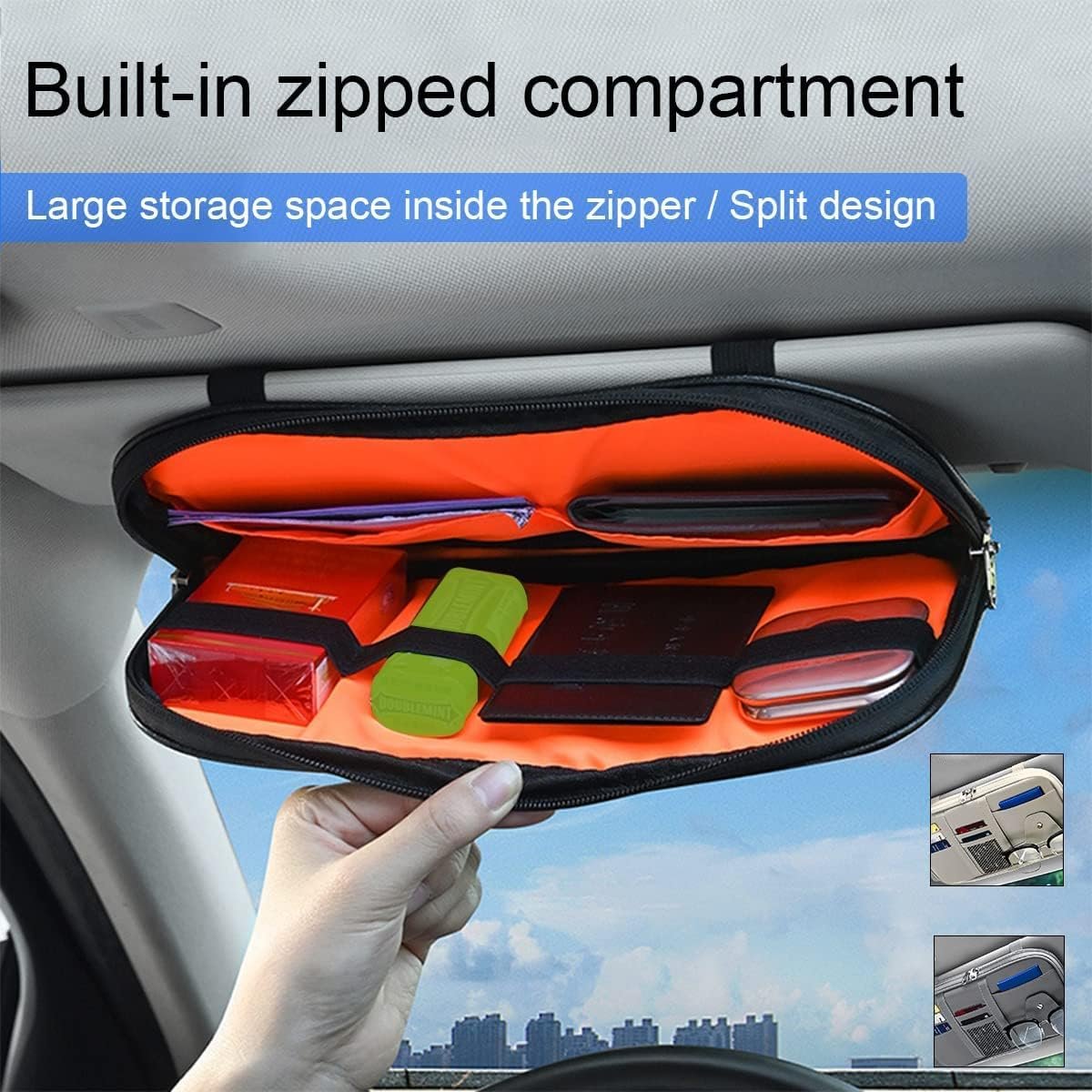 Car Sun Visor Organizer, Sunglass Holder and Storage Pocket, Card Cash Pouch with Multi-Pocket Net Zipper, Case Bag for License Pen Key, Auto Interior Accessories for Truck, SUV, Van (Gray)