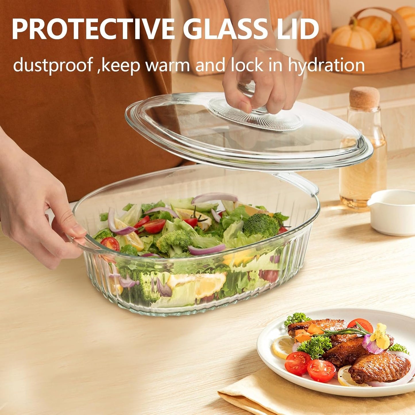 Luvan 2.8L/3Qt Glass Casserole Dish with Lid and Handle, Clear Lead-Free Glass Baking Dish Casserole Cookware, Oven and Microwave Safe, Suitable for Marinating,Baking,Cooking