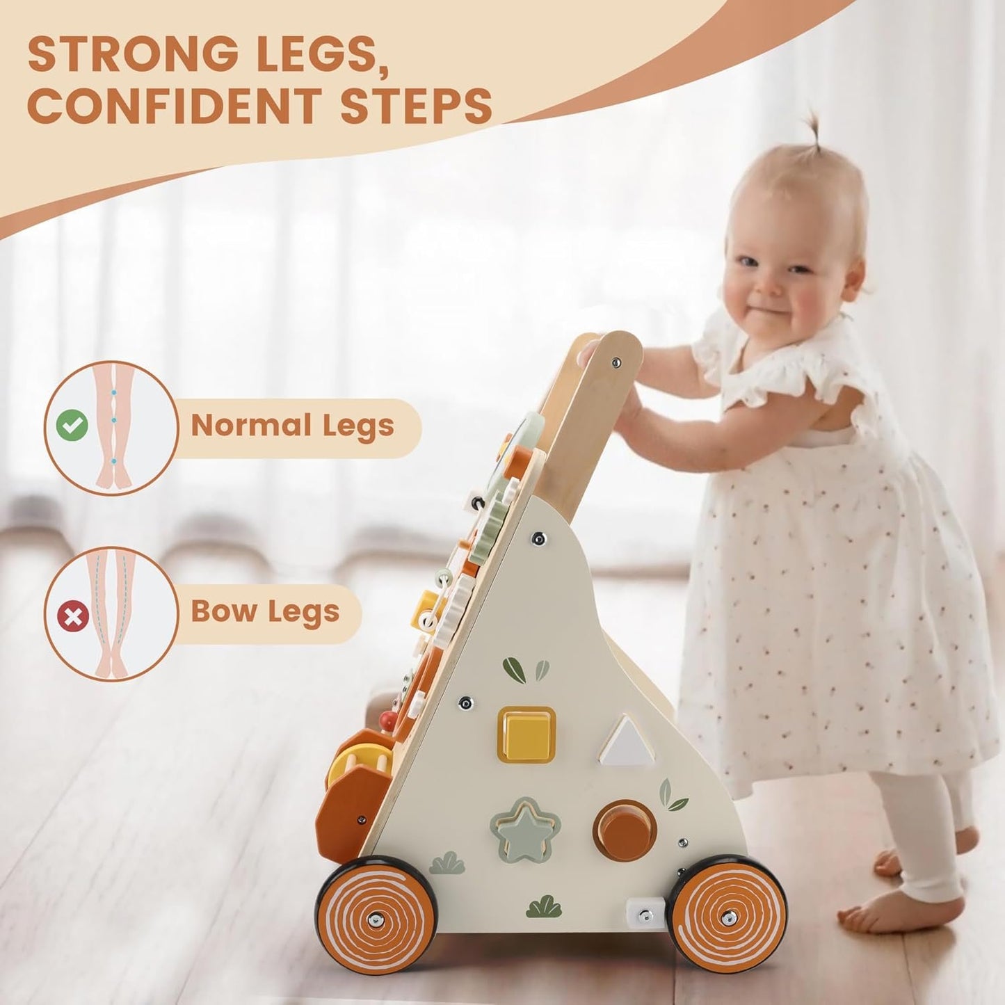 Pithfor Wooden Baby Walker, Baby Push Walker with Activity Center for Girls Boys, Push Walker Toys for Babies Learning to Walk, Sit-to-Stand