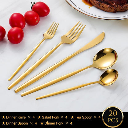 Gold Silverware Set, 20 Piece Gold Stainless Steel Flatware Cutlery Set for 4, Gold Utensil Sets, Dishwasher Safe (Mirror Gold)
