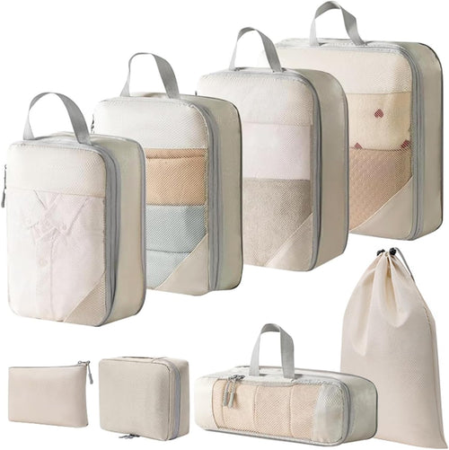 Compression Packing Cubes, Set of 8 Areaphmet Travel Packing Organisers travel packing cubes set Compression Bags for Travel Luggage Organizers for Suitcases Travel Accessories (Beige, 8pcs)