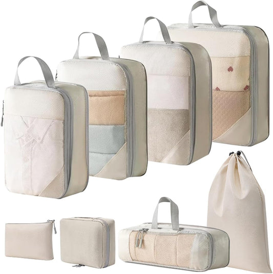 Compression Packing Cubes, Set of 8 Areaphmet Travel Packing Organisers travel packing cubes set Compression Bags for Travel Luggage Organizers for Suitcases Travel Accessories (Beige, 8pcs)
