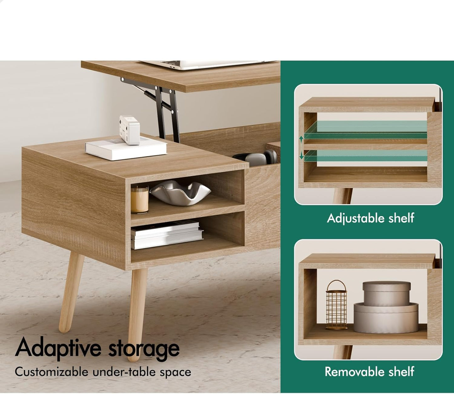 ALFORDSON Lift Tabletop Coffee Table Center Table Wood Color, Living Room Office Reception Dining Table with Rising Top, Hidden Storage and Side Open Shelves