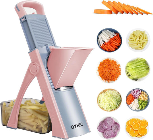 Safe Mandoline Food Slicer for Kitchen, Multifunctional Vegetable Chopper, Mandoline Potato Slicer with 35+ Presets & Thickness Adjuster, French Fry Cutter, Veggie Dicer for Meal Prep Pink