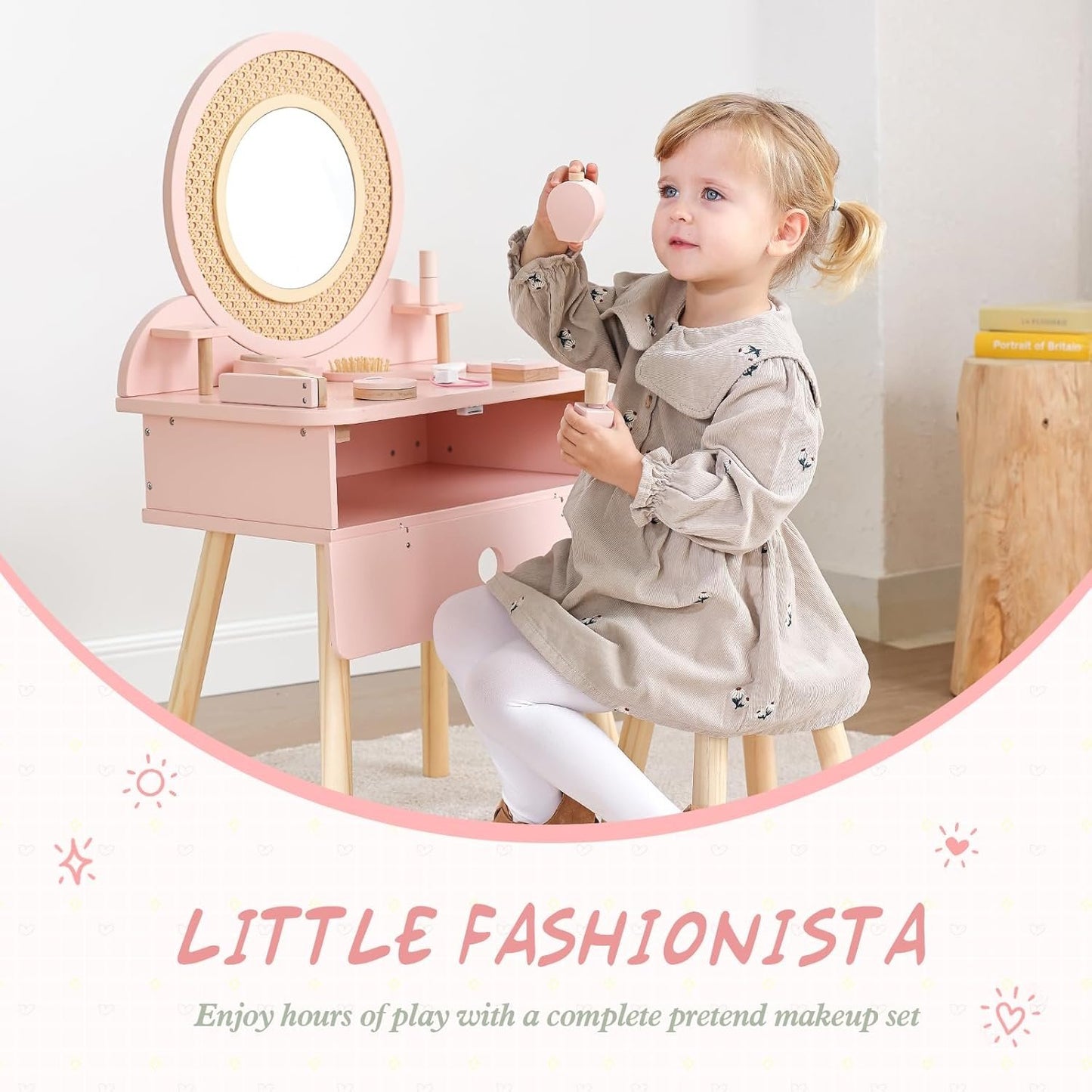OOOK Kids Vanity Table and Chair Set, Pink Girls Vanity with 11 Pcs Accessories, Enough for Real and Pretend Makeup, Toddler Vanity for 3 Year Old and Up as Ideal Gift