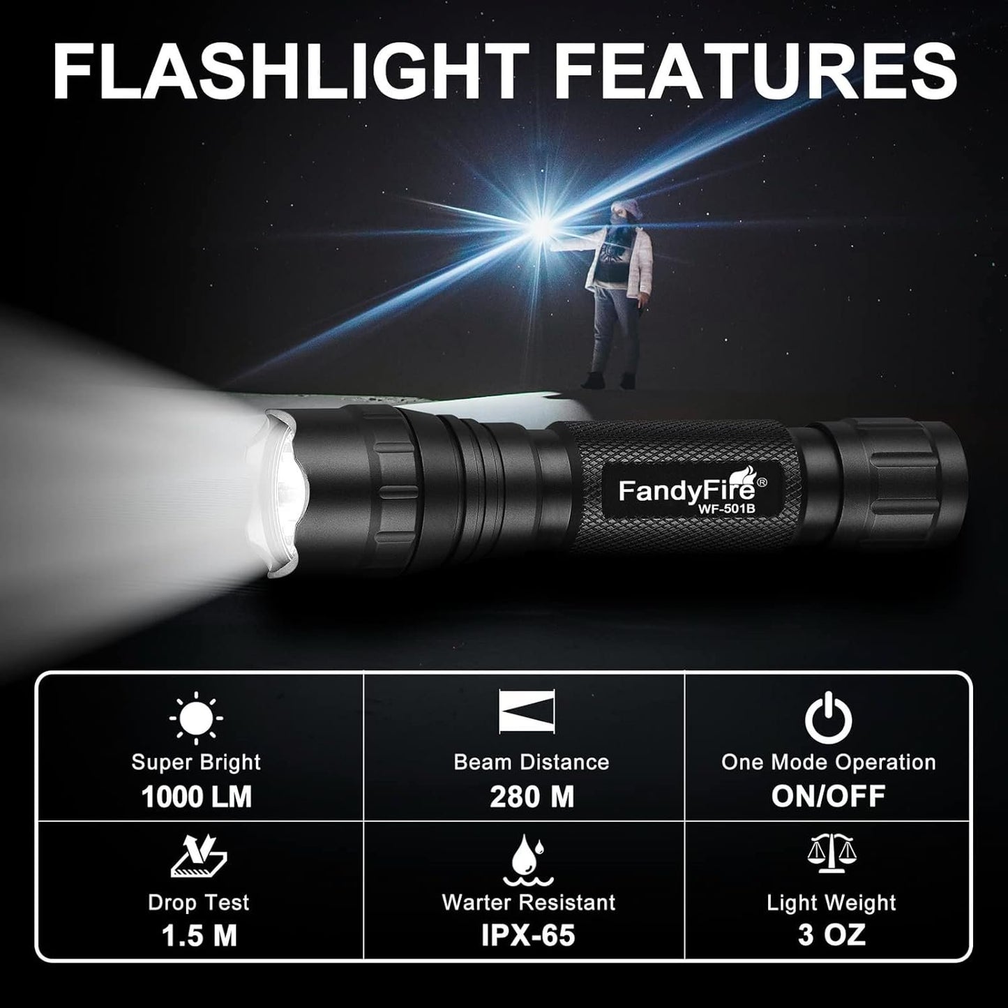 FandyFire Single Mode Flashlight with Holster, Tactical LED Flashlight 1000 High Lumen Duty Flashlights with Belt Holster and Charger, Bright Small Flash Light