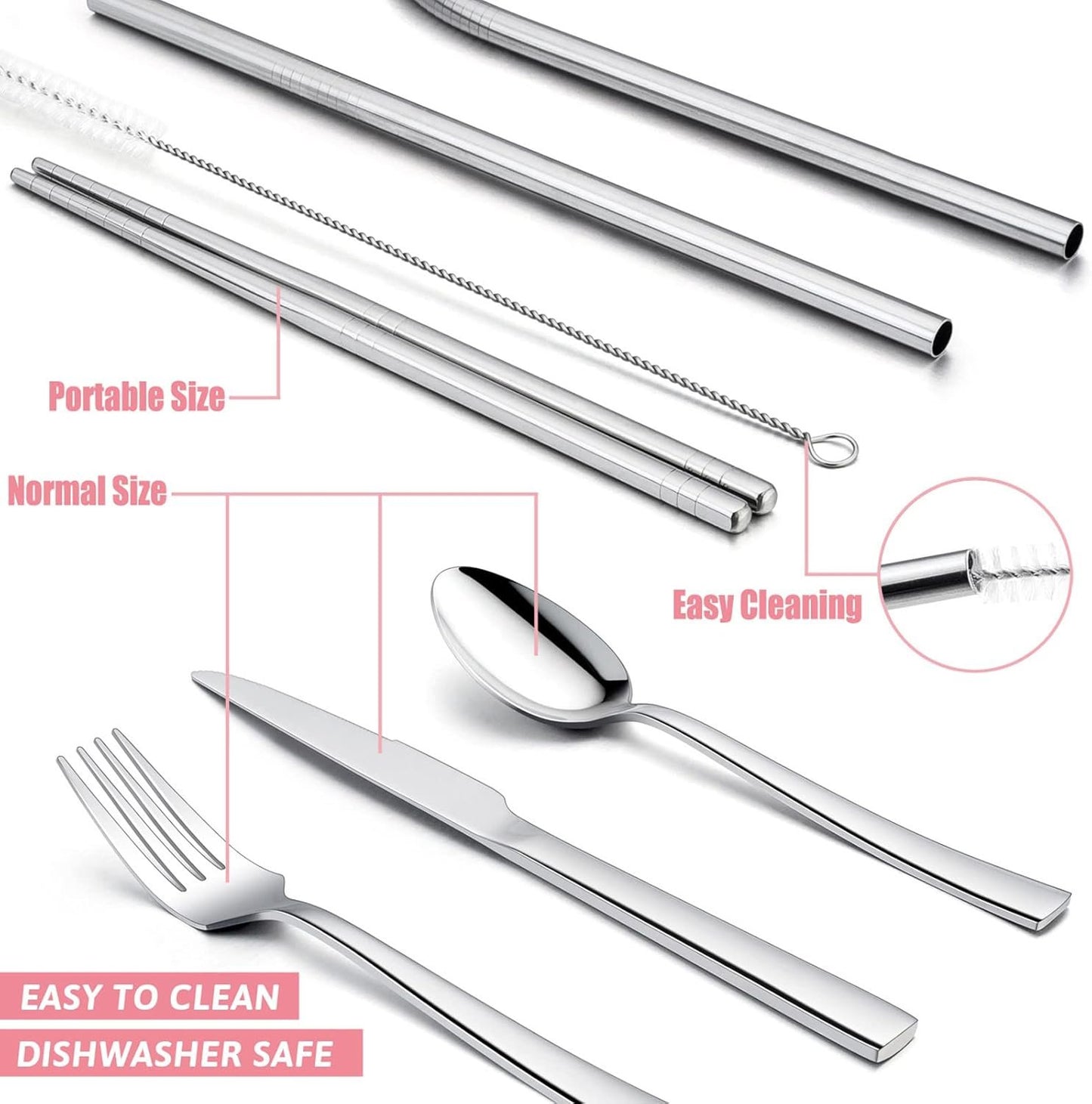 HaWare 9-Piece Portable Travel Silverware Utensils with Case, Stainless Steel Flatware Set for Camping Office School Lunch, Reusable Cutlery Including Knife Fork Spoon, Dishwasher Safe(Pink)