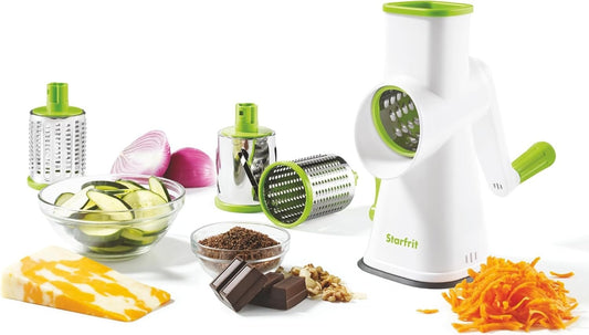 Starfrit Rotary Drum Grater - 4 Interchangeable Stainless Steel Drums - Slicing, Coarse and Fine Grating, Ice Shaving - Great for Vegetables, Cheese, Nuts, Chocolate