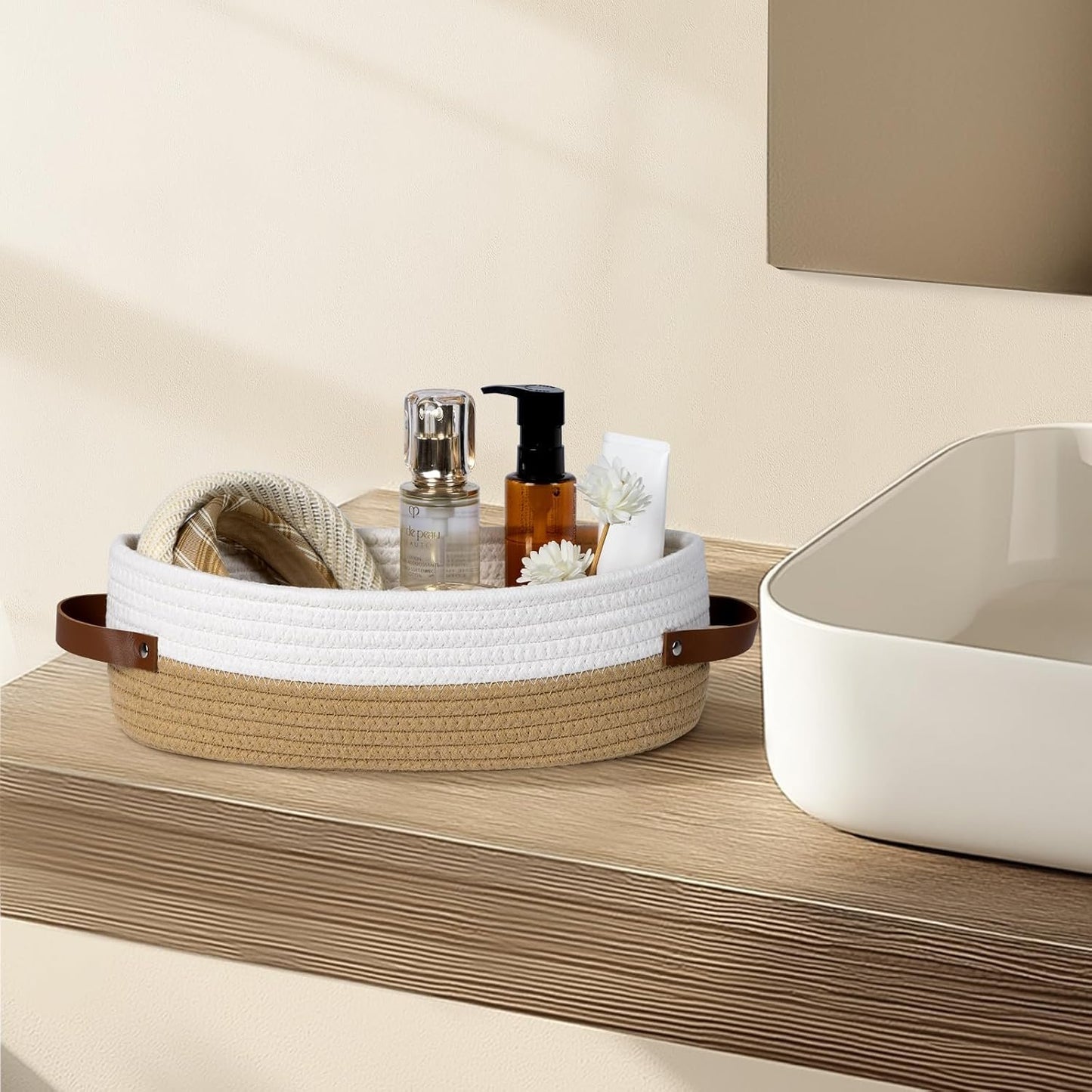 DIMJ Woven Rope Baskets Cotton - 4 Pack Toilet Paper Basket Small Nursery Storage Basket Set With Handles, Rectangle Cute Baskets for Gifts for Home Decor Organization Baby, Nursery,White and Brown