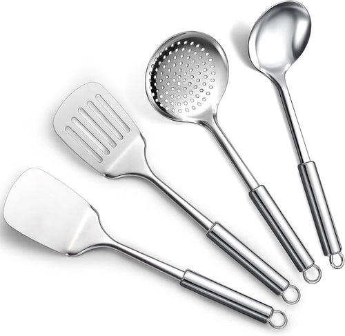 ReaNea Stainless Steel Cooking Utensils Set 4 Pieces, Kitchen Tools Set Include Metal Spatula Set, Kitchen Skimmer, Soup Ladle, Kitchen Gadgets Essentials New Home Must Have