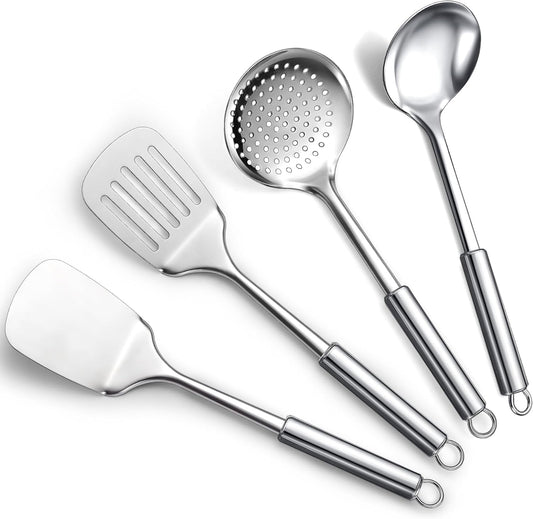 ReaNea Stainless Steel Cooking Utensils Set 4 Pieces, Kitchen Tools Set Include Metal Spatula Set, Kitchen Skimmer, Soup Ladle, Kitchen Gadgets Essentials New Home Must Have