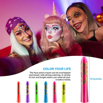 Face Paint Crayons Glow In The Dark Body Painting Kit Under UV and Black Light Makeup Non-Toxic for Halloween Masquerades Easter Festivals Party Supplies (6 Colors)