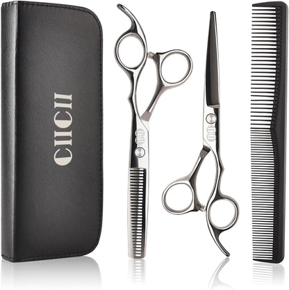 Hair Cutting Scissors Shears Set, CIICII Professional Hairdressing Scissors Kit (Hair Beard Trimming Shaping Grooming Thinning Shears) for Men Women Pets Home Salon Barber Cutting Kit (Silver)
