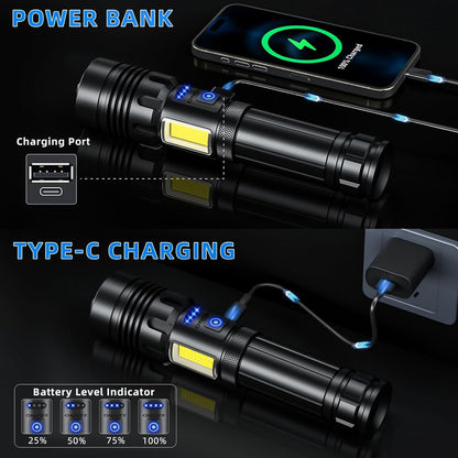 Rechargeable Flashlight 990000 High Lumens, Super Bright Led Flashlights with Zoomable, 7 Modes & COB Light, IPX7 Waterproof, Brightest High Power Flash Light for Camping Emergency