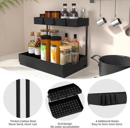 2-Tier Under Sink Organizers, 2 Pack Sliding L-shape Cabinet Organizers Narrow Space Storage Shelves Multi-purpose Sink Organizer Baskets with 4 Hook for Kitchen Bathroom Drawer, Black