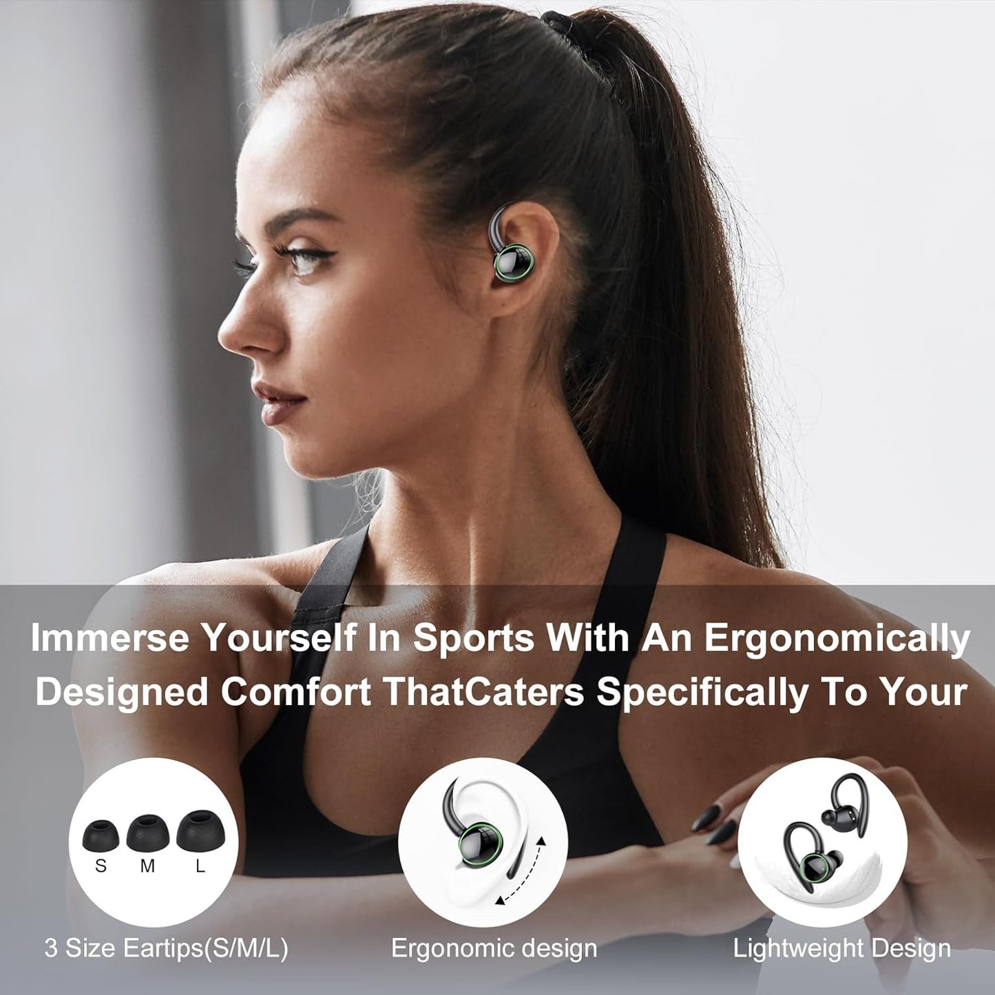 Wireless Earbuds, Bluetooth 5.3 Headphones Sport, Bluetooth Earbuds with Noise Canceling Mic, 48H Stereo Wireless Headphones IP7 Waterproof Ear Buds, Earphones with Earhooks for Sports/Workout/Running