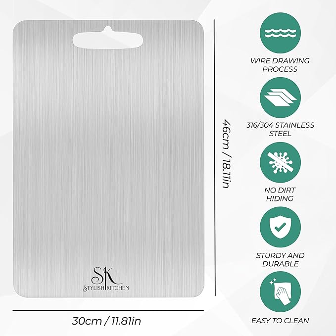 Stainless Steel Cutting Board (15x11')- Double Sided for Meat & Meal Prep, Dishwasher Safe, Non Slip