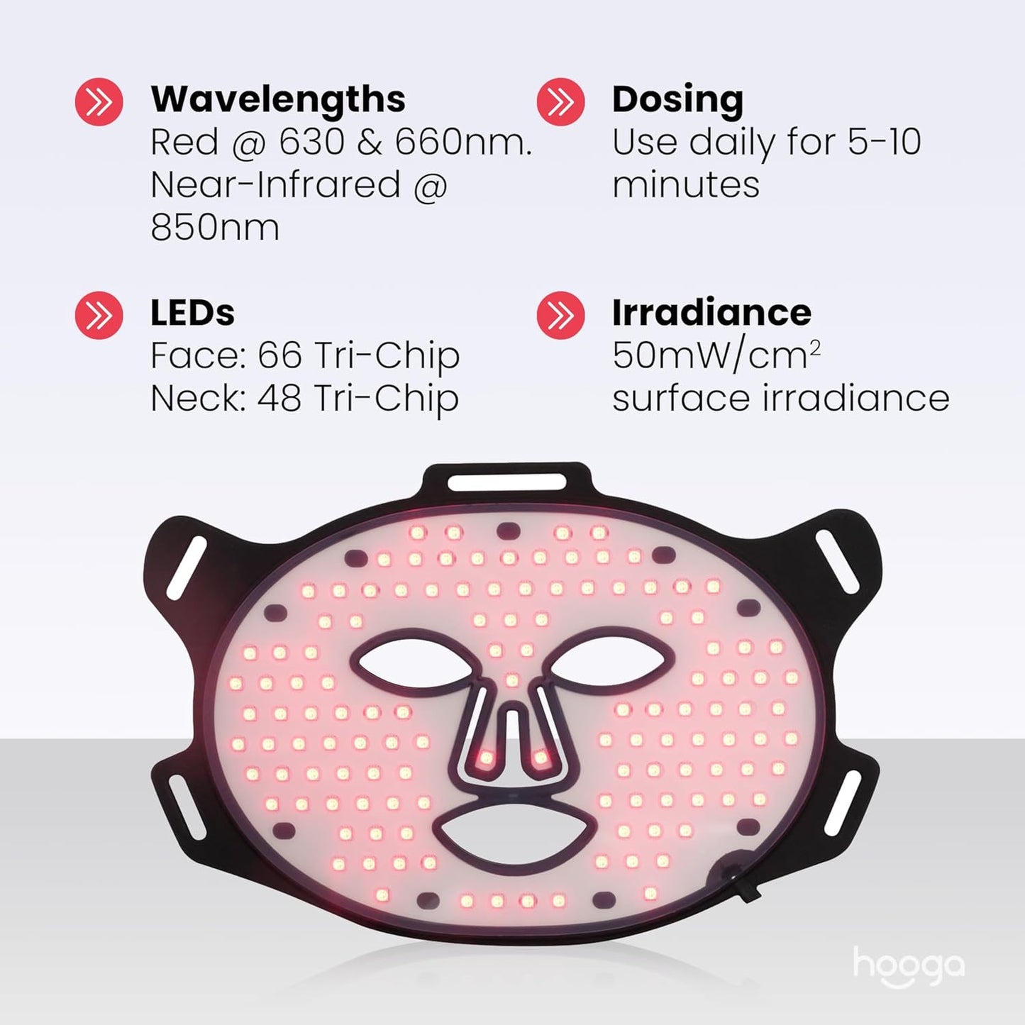 hooga Red Light Therapy LED Mask, Tri Chip LEDs, 630nm and 660nm Red, 850nm Near Infrared, Adjustable, Comfortable, USB Type-C Rechargeable for Wellness and Anti-Aging