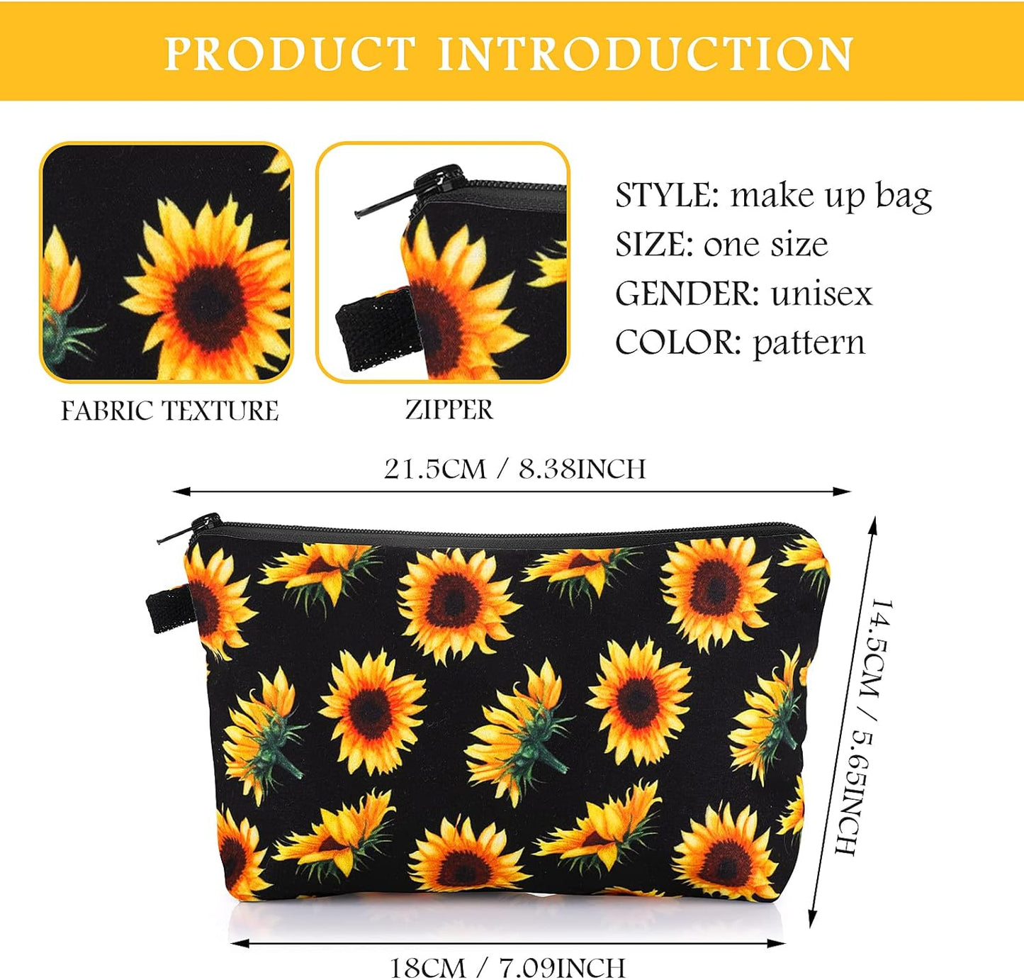 Sibba Canvas Cosmetic Bag, Mini Zipper Bag, Toiletry Organizer, Cosmetic Organizer, Travel Accessories for Women and Girls, Sunflower Yellow Small, Bag Organizer