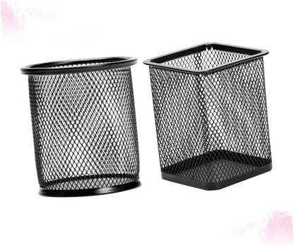 Tofficu 2 Pcs Black Iron Mesh Pen Holder Cylinder Cuboid Design for Office Organization Stylish Desk Storage for Home School and Workspaces