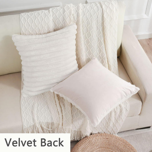 FUTEI Cream White Striped Decorative Throw Pillow Covers 18x18 Inch Set of 2,Square Spring Decorations Couch Pillow Case,Soft Cozy Faux Rabbit Fur & Velvet Back,Modern Home Decor for Bed
